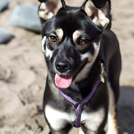 Husky Pug Mix with short sleek hair, with ears and markings of a husky