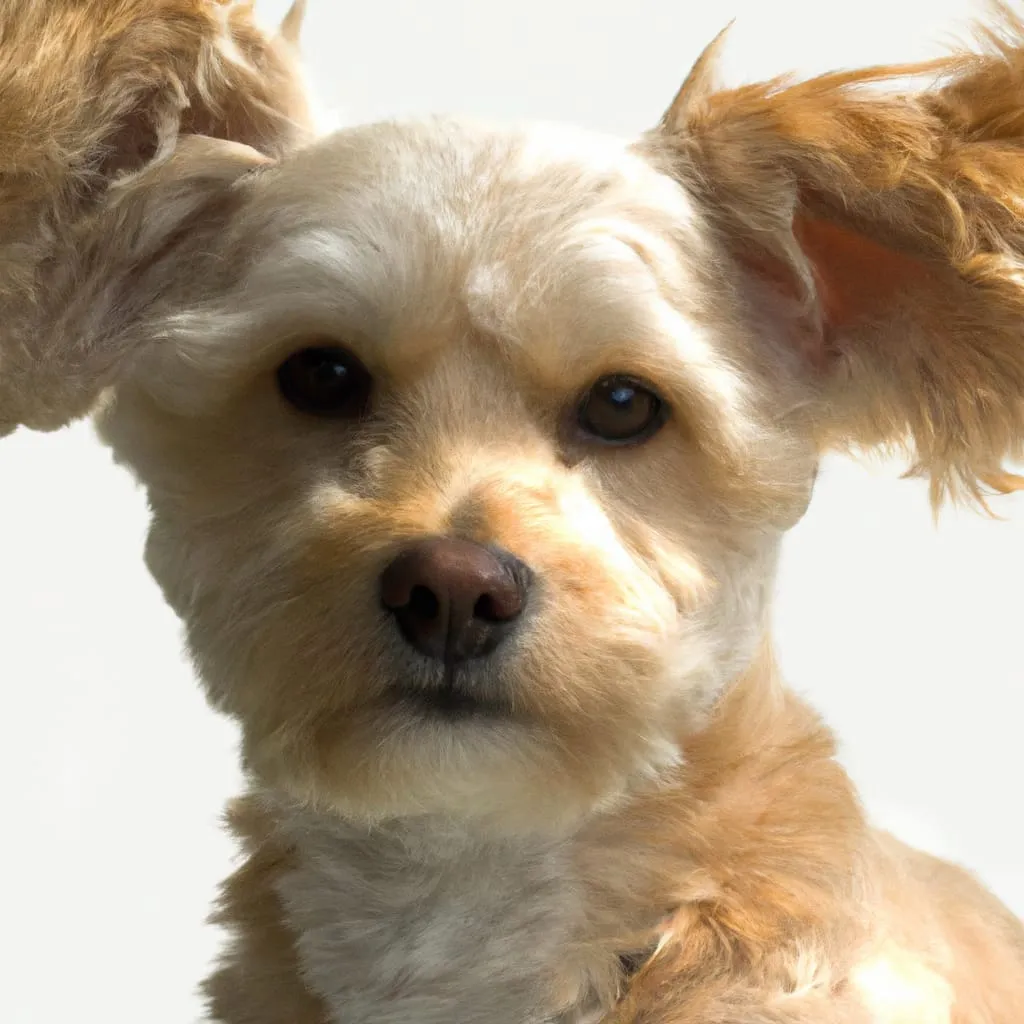 Golden Chihuahua Poodle Mix with longer, curly fur and erect ears.