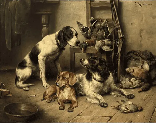 An English Pointer, a dachshund and an English Springer Spaniel after the hunt by Carl Reichert between 1836-1918.
