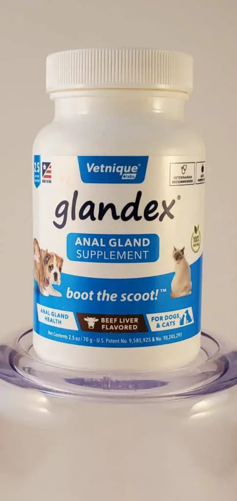 Best High Fiber Dog Foods For Anal Gland Problems Bottle of Glandex 3