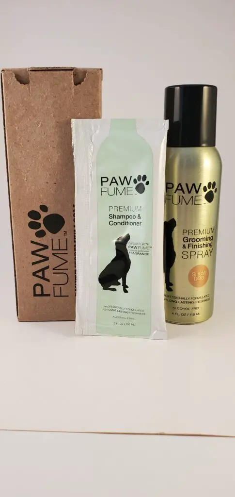 Best Dog Colognes Paw Fume bottle front with box and shampoo sample
