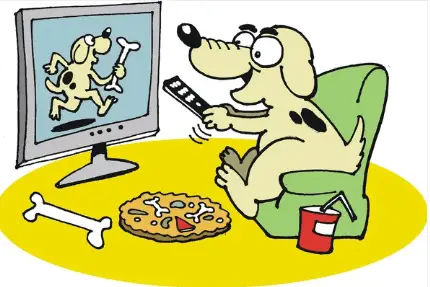 Do Dogs Get Tired of Barking Cartoon of dog on couch watching tv with remote control with pizza and bone on floor.