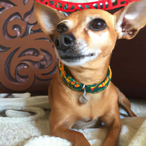 Chiweenie looking more Chihuahua than Dachshund laying on white blanket