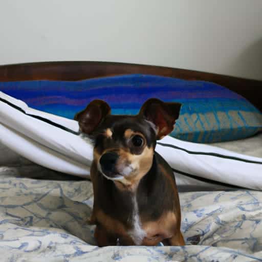 Chiweenie that has Dachshund coloring with Chihuahua ears sitting on bed