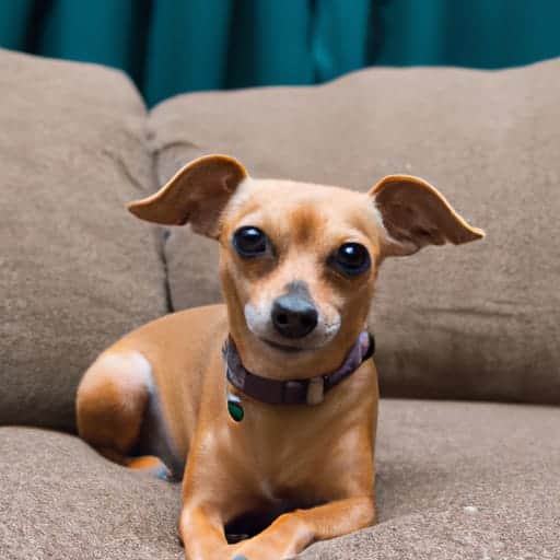 Chiweenie dog sitting on couch