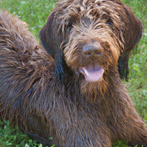 Shaggy Doberdoodle laying in grass