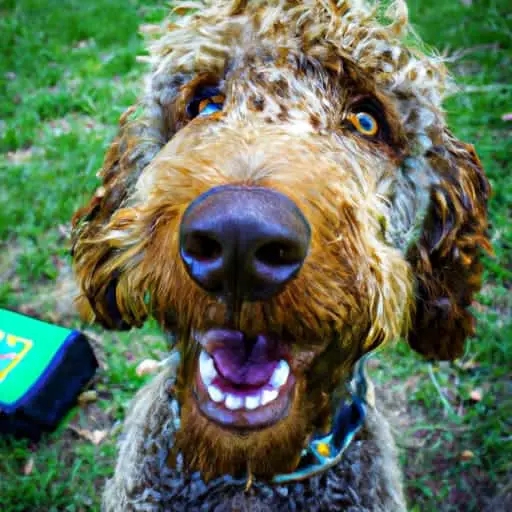Doberdoodle with a very happy smile- AI generated