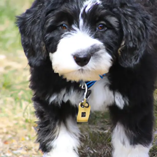 Mini Bernedoodle puppy created by AI very fluffy, super cute with a weird dangly charm